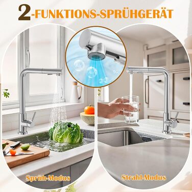 Змішувач кухонний висувний з душем, 360° поворотний, 2 режими розпилення, високий тиск, нержавіюча сталь (срібло)