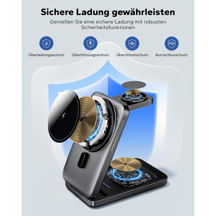 KPON Станція зарядки MagSafe для Apple Watch та iPhone, 3 в 1. Швидка зарядка для iPhone 12-17, Apple Watch 11-2, AirPods. Підходить для подорожей та офісу. В комплекті адаптер 20W.