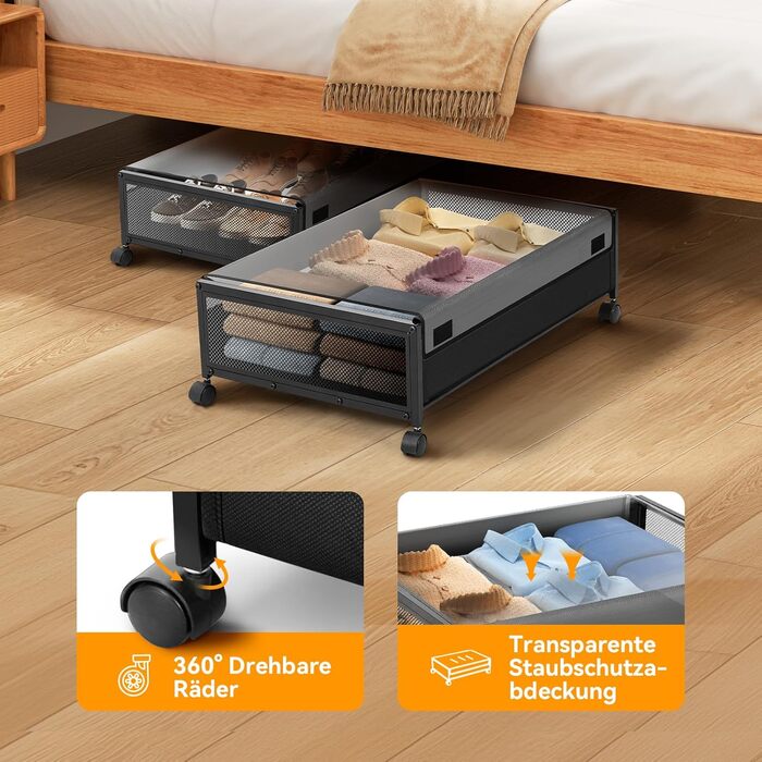 Підліжкова комода з колесами 2 шт., 48 л, ящик для зберігання під ліжком з кришкою та металевим каркасом, складана підліжкова коробка з колесами для одягу, постільної білизни, взуття, 48 л * 2, липучка