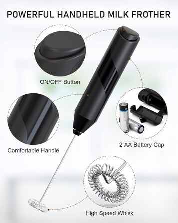 COKUNST Ручний пінозмішувач для молока: електричний міні-змішувач для матча, кави, гарячого шоколаду та фраппе - чорний (без підставки)