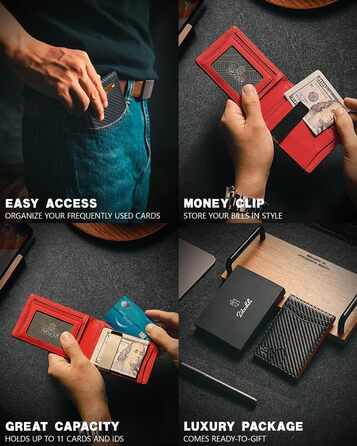 Чоловічий гаманець Zitahli Sport-Fan: 10-12 карт, RFID-захист, шкіряний, тонкий, з відділенням для ID, мінімалістичний, подарунок для чоловіків (чорний та червоний)