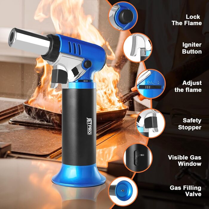 Газовий запальник Butan з регульованим полум'ям для кухні, випічки, барбекю, паяння. Безпечне замщення, вікно рівня газу (газ Butan не входить в комплект)