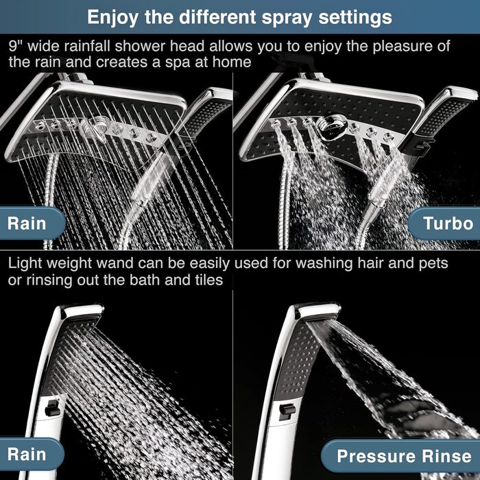BRIGHT SHOWERS Double Shower Head Combo Set, Handheld Shower Head, Rain Shower Head, Combo with Black Face, 152.4 cm Stainless Steel Shower Hose, Chrome