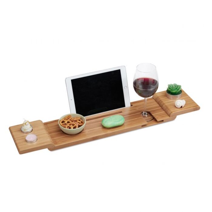 Relaxdays Bamboo Bathtub Shelf with Glass Holder