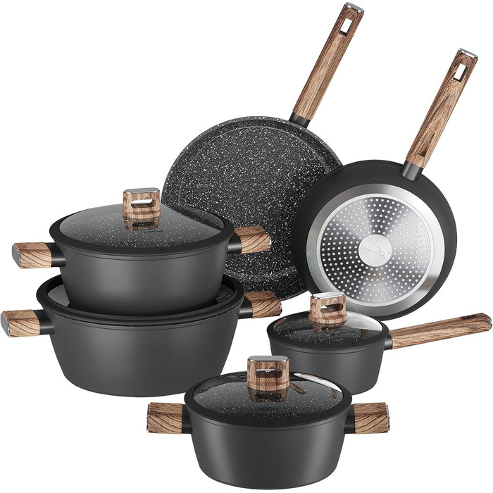 Набір каструль HOMELUX 10 частин з нержавіючої сталі, індукційне дно, з кришками, чорний