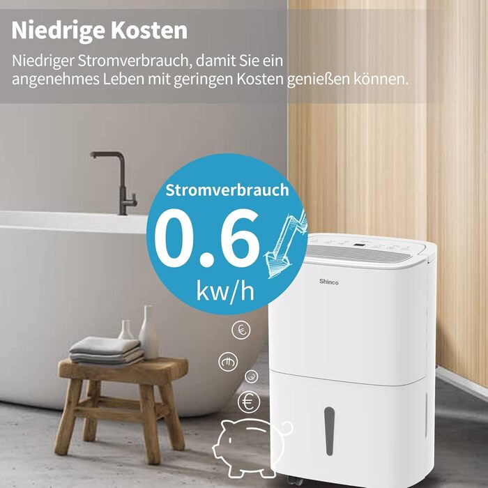 SHINCO 30L Електричний осушувач повітря з Wi-Fi, 105 м³, 5L бак, таймер, фільтр, безперервний злив (SDZ1-30D-M)