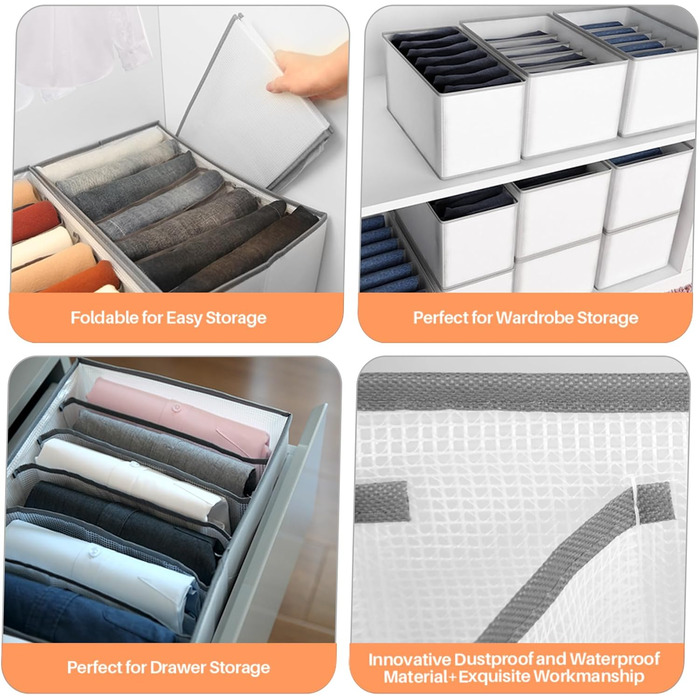 6-Piece Closet Organizer Clothes Storage - 7 Compartments Foldable Drawer Organization System Clothing Storage Boxes for Pants, Jeans, Shirts, Sweaters, Tops