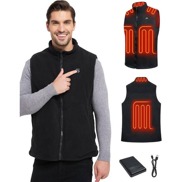 Обогревна жилетка для чоловіків, флісова жилетка з акумулятором 10000mAh, 6 нагрівальних панелей, для активного відпочинку, роботи на відкритому повітрі, зимова XL чорна