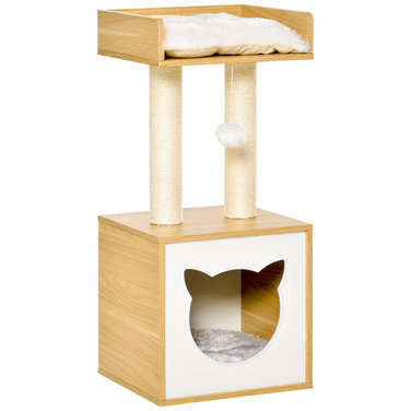 PawHut Cat Cave with Cat House & 2 Cushions, 2 Levels including Cat House, Toy with Ball, Cat Apartment, Sisal, Natural, 35 x 35 x 81 cm | Aosom