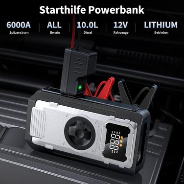 Powerbank-пусковий пристрій Acmount 6000A для авто: 12V, USB, LCD-дисплей (срібний)