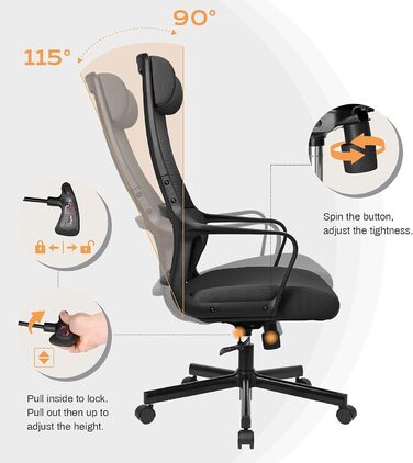 Ергономічне крісло для офісу з регульованою підголівником, крісло для робочого столу з широким сидінням, підтримкою попереку, офісне крісло 200 кг, сітчасте крісло, крісло для дому та офісу, комп'ютерне крісло EN 1335 (Чорний)