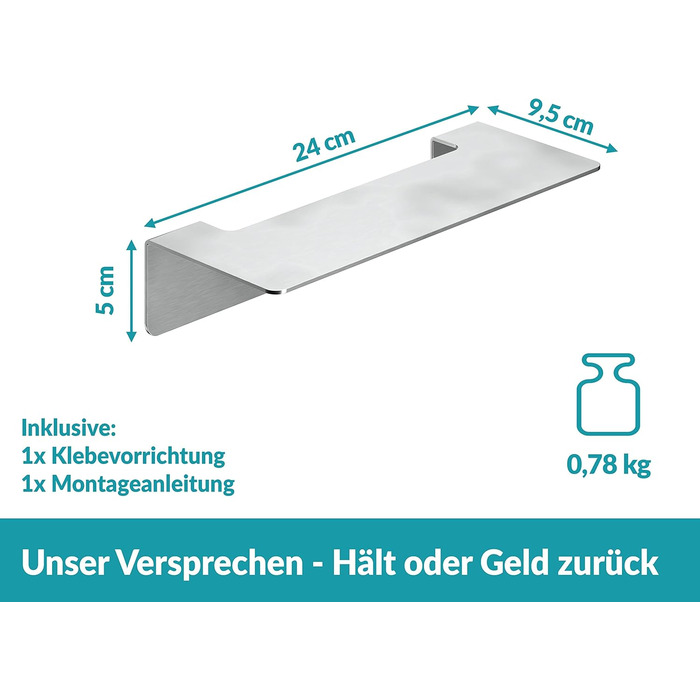 WEISSENSTEIN Badablage without Drilling from Stainless Steel - Self-Adhesive Shelf for the Bathroom - 14 x 9.5 x 5 cm (24 cm, Silver)