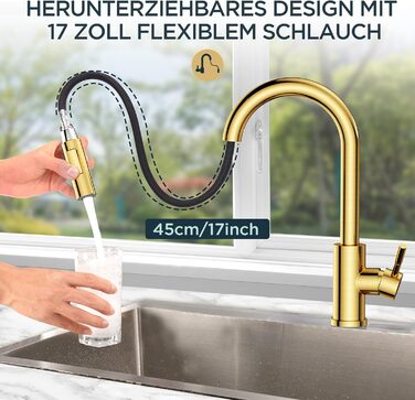 Кран кухонний FORIOUS, Чорний, з висувною лійкою, поворотний на 360°, з покриттям Gold