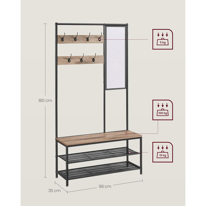 VASAGLE Coat Rack, Wardrobe, Coat Stand with Hooks, Mirror, Bench, 35 x 98 x 180 cm, for Entryway, Bedroom, Living Room, Modern, Oak-White HSR415W09 (Camel Brown + Ink Black)