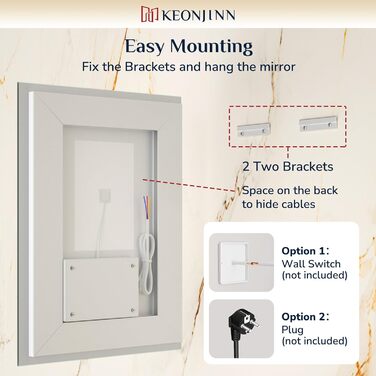 Дзеркало для ванної кімнати Keonjinn з підсвічуванням, чорний металевий каркас 60x80 см, LED, антизапар, сенсорне керування, 3 кольори світла, регулювання яскравості, пам'ять, настінне дзеркало