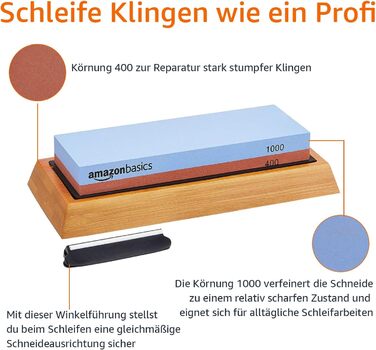 Двосторонній точильний камінь Amazon Basics, зернистість 400/1000, з нековзкою бамбуковою основою, 18x6.1x2.8 см, синій і червоний