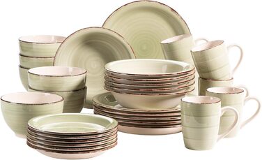 MÄSER 931616 Bel Tempo II 30-piece Vintage Dinnerware Set for 6, hand-painted ceramic combination service in green, stoneware