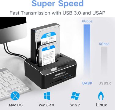 Док-станція для жорстких дисків RSHTECH з двома відсіками, USB 3.0, алюміній, підтримка 2.5/3.5