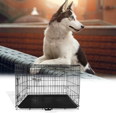 Клітка для собак 91 x 56 x 62 см, складана, з 2 дверцятами, переносна клітка для собак, автоклітка, з піддоном, дротяна клітка для собак
