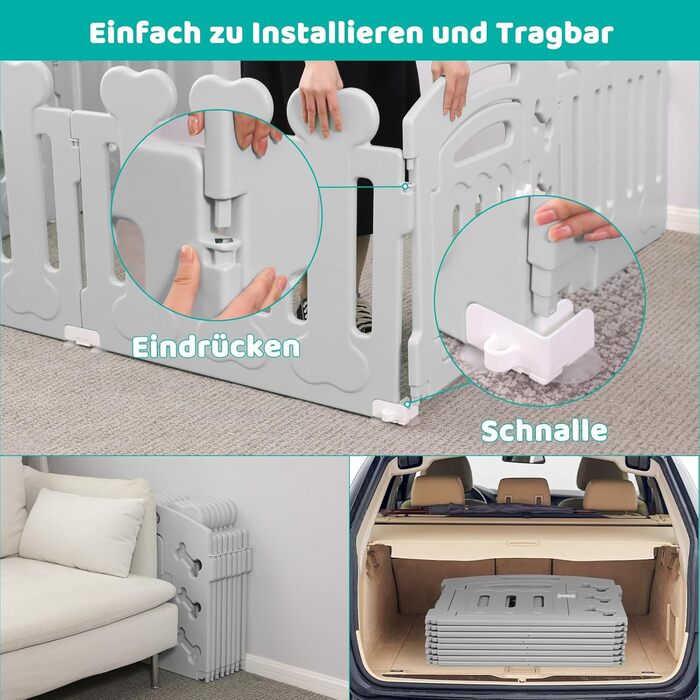 Забіг для цуценят MAMIZO 60 см, вольєр для собак з 7+1 пластикових панелей, сірий. Забіг для собак вдома та на вулиці, з тор, включаючи присоски та ґрунтові анкери.