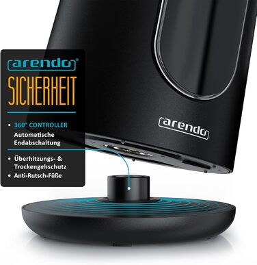 Електричний чайник Arendo з регулюванням температури, нержавіюча сталь, подвійні стінки Cool Touch, дисплей, бездротовий, 2200 Вт, 1,7 л, захист від перегріву, функція підтримання тепла, чорний