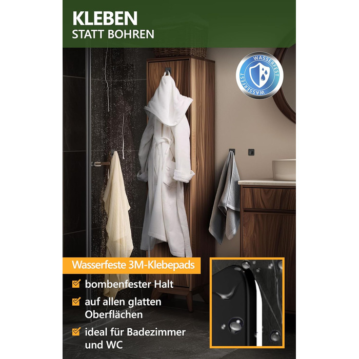 Набір тримачів для рушників 4smile (6 шт.) без свердління, з нержавіючої сталі, чорний. Клейкі гачки для ванної кімнати, міцна фіксація.