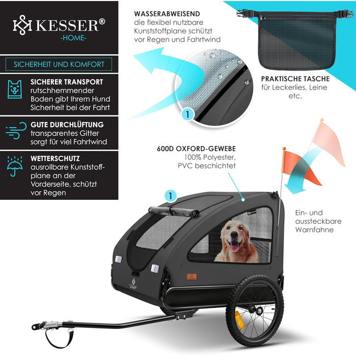 KESSER® Переноска для собак Боксер 2-в-1, велосипедна та прогулянкова, велика (250л), з прапорцем та сумкою, матеріал 600D Oxford Canvas, складана SmartSpace, до 45кг (антрацит/чорний)