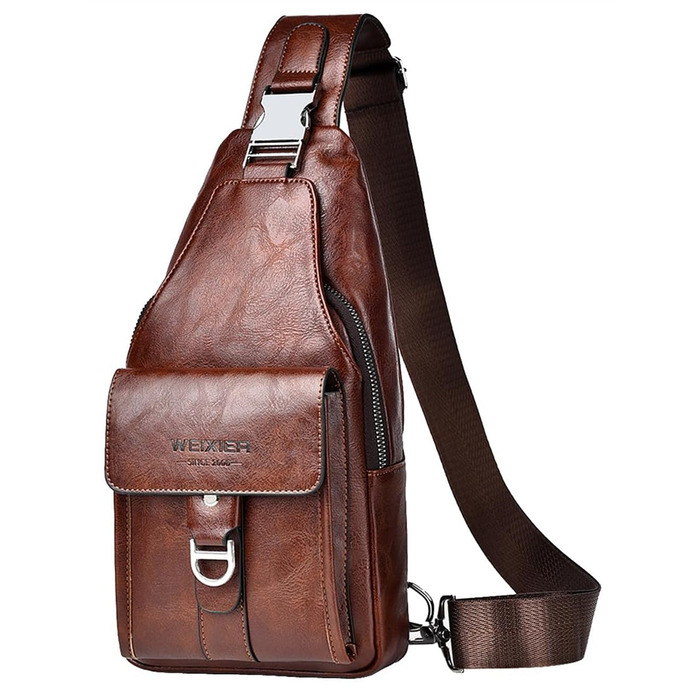 Чоловіча шкіряна сумка через плече, нагрудна, водонепроникна, для подорожей, велоспорту, кемпінгу (темно-коричнева)