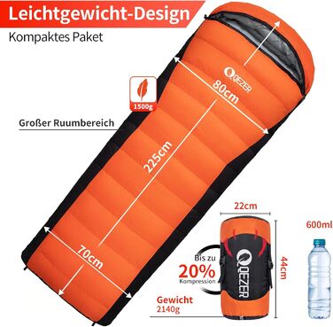 Спальний мішок пуховий зимовий, 600FP+ Premium, 7°C/ -24°C, легкий, теплий, 3-4 сезони, для кемпінгу, трекінгу, чорний/помаранчевий