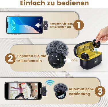Мікрофон 2-в-1 для iPhone та Android з шумозаглушенням, кейс на 40 годин, магнітна застібка та кріплення для інтерв'ю, жовтий, 25 метрів