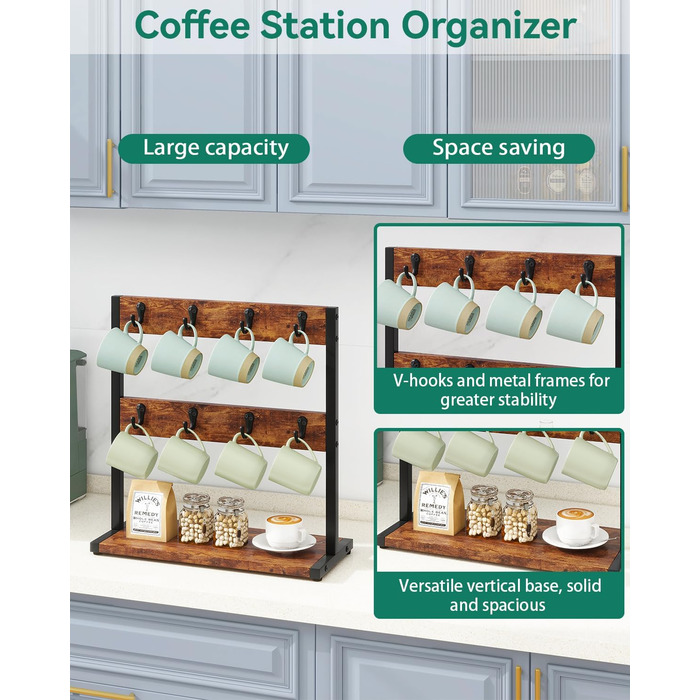 Vintage Mug Holder with 8 Hooks, Coffee Cup Holder for Countertop, Cup Stand with Storage Bottom, for Kitchen Dining Room Cafe 40 x 15 x 40 cm, TBJ002H (without shelf, Vintage Brown)