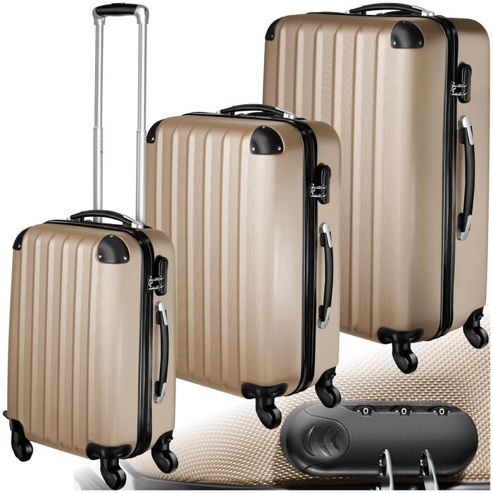Набір валіз Tectake 3шт (M, L, XL) з вагами та білгетом, ABS, телескопічна ручка, для подорожей, колір шампань