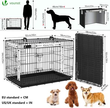 Клітка для собак Vounot, розкладний вольєр з кришкою, переноска для собак у машину, з подвійними дверцятами, 2 ручки для перенесення та знімною підстилкою, XXL 122x75x81 см, чорна