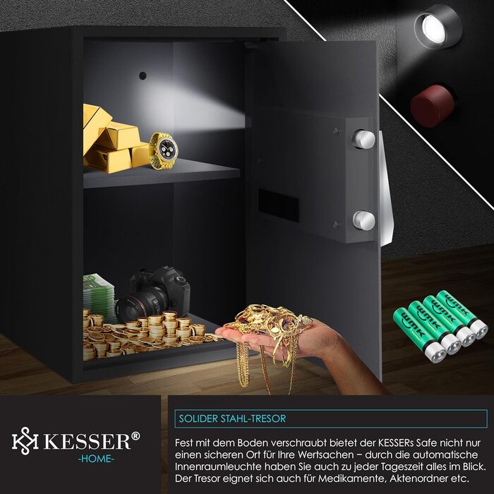 Електронний сейф KESSER® для дому та офісу 31x20x20 см, з подвійним замком, кріпленням, внутрішнім освітленням, сталевий (чорний, XL)