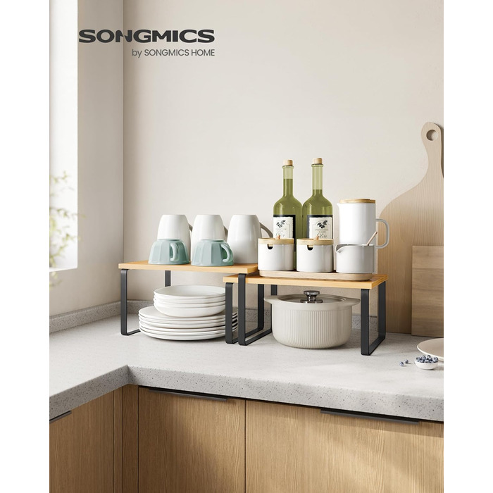 SONGMICS Spice Rack, 4-Piece Set, Kitchen Shelf, Kitchen Organizer, Expandable, Spice Holder, Stackable, with Metal Frame, 19.5 x 29.7 x 15.8 cm, Ink Black-Natural Beige KCS10NB