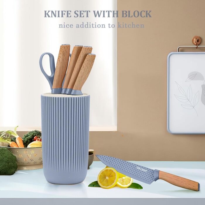 Набір кухонних ножів, 6 предметів: гострі ножі з нержавіючої сталі з антипригарним покриттям, набір для кухні з підставкою (блакитний)