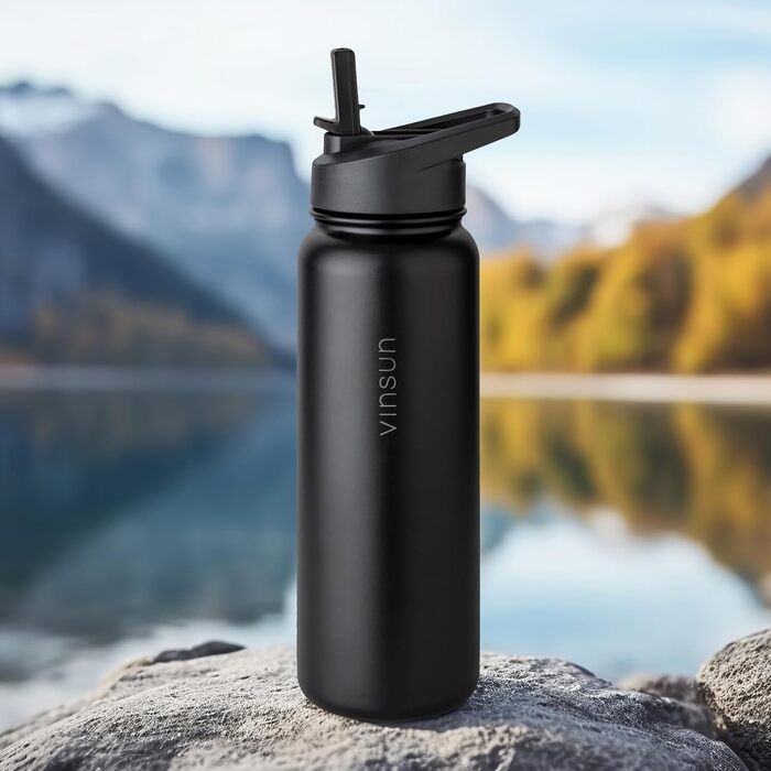 Stainless Steel Water Bottle 1L - Straw, Drinking Opening - Leakproof, Carbonated Drink Compatible, BPA Free - Thermos Flask for Sports, Outdoors, School, University, Cycling, Hiking, Gym (750 ml, Black)