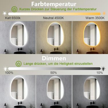 LED дзеркало для ванної кімнати з підсвічуванням 70x50 см, холодне біле світло 6000K, енергозберігаюче, диммування, проти запотівання