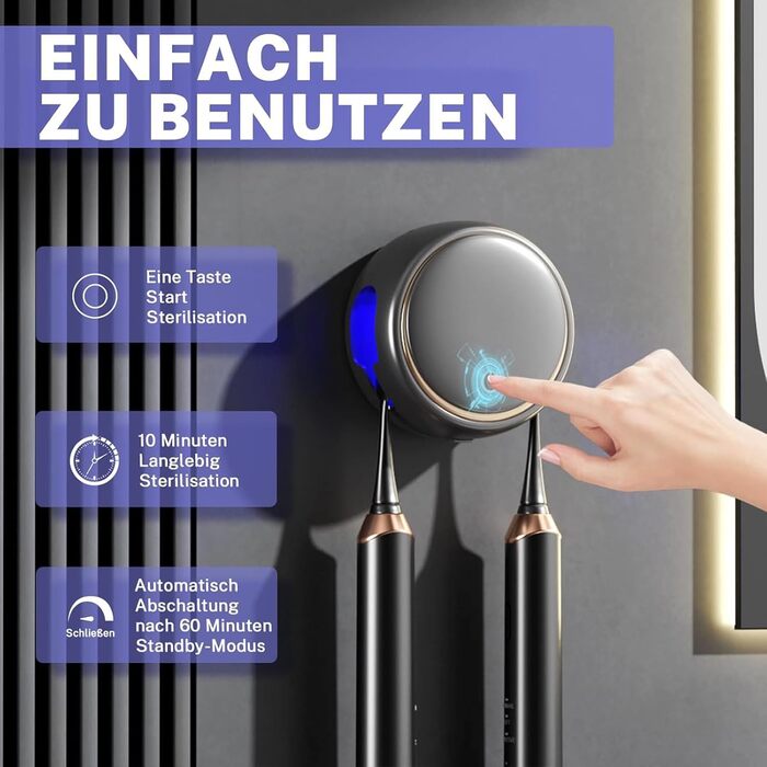 Maxspace UV Toothbrush Sterilizer, UV Disinfection Toothbrush Holder for Wall Mounting with Drying, Rechargeable Toothbrush Holder with 2 Toothbrush Slots for Bathroom (Black)