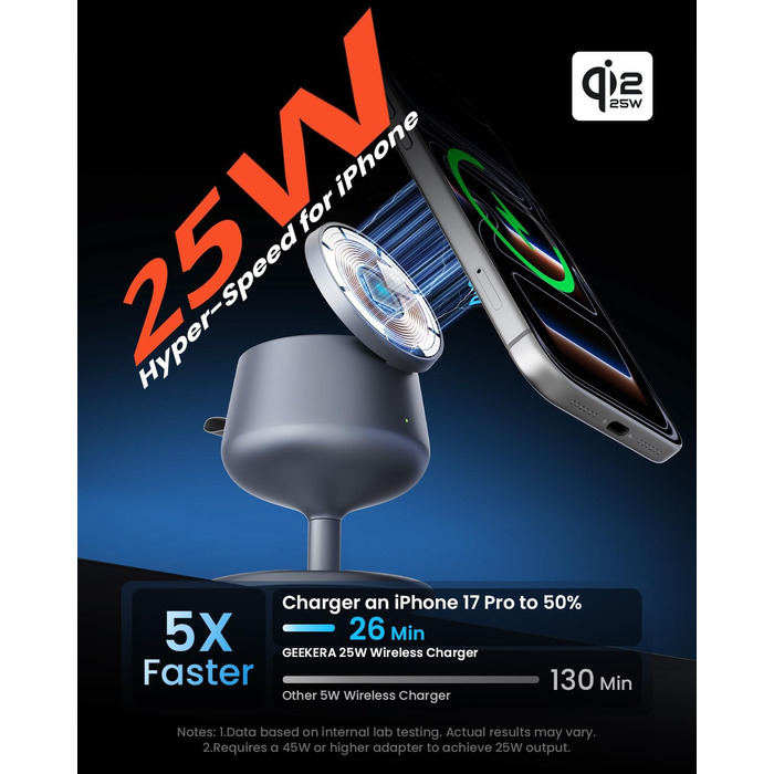 Бездротова зарядна станція 3-в-1 GEEKERA Qi2.2 25W для Apple: MagSafe швидкий заряд для iPhone 17/16/12, Apple Watch та AirPods, адаптер GaN 45W, срібляста