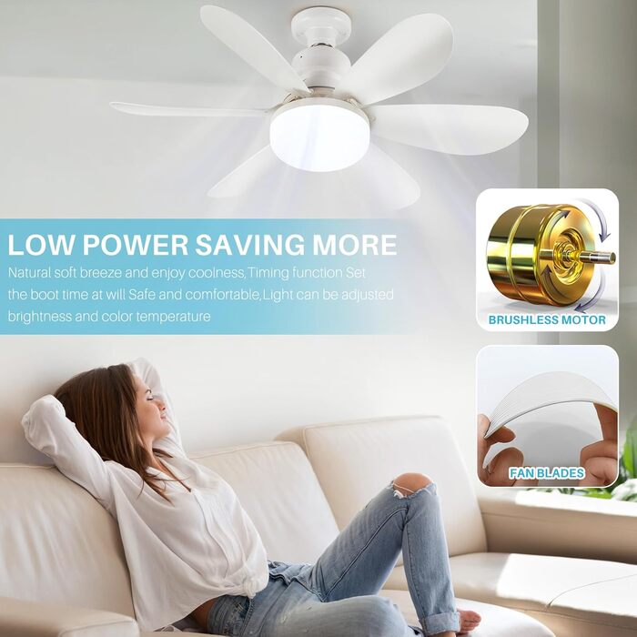 OKYUK Стеля-вентилятор з підсвічуванням, тихий, з пультом керування, регулювання кольору, E26/E27, 48 см, білий