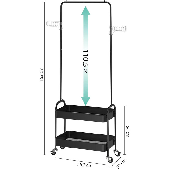 Metal Clothes Rack with 2 Shelves and Clothes Rod on Wheels, Wardrobe Stand for Bedroom, Living Room, Hallway at Home and the Office (White/Black)