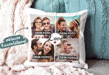 Фотоподушка з наповнювачем Print Royal Love – фотоколаж з 4 фото, індивідуальний напис, подарунок, кольорова, зворот блакитний