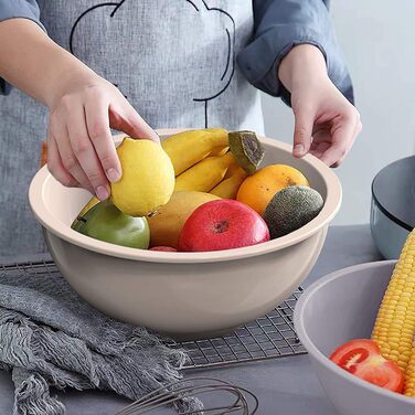 Mixing Bowl Set of 6, Plastic Cereal Bowl with Lid, Bowl with Lid, Includes 2 Forks & 4 Measuring Spoons, BPA-Free & Stackable, Ideal for Mixing and Serving (Khaki, 18)