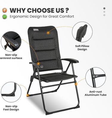 Крісло для кемпінгу Homecall складне, 150 кг, з високою спинкою, для саду, балкону, риболовлі, чорне