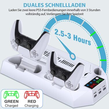 Підставка для PS5 Slim/Pro з зарядною станцією для контролера, RGB-підсвічуванням, вентилятором, тримачем для навушників та USB-хабом, чорно-біла (біла Q211)