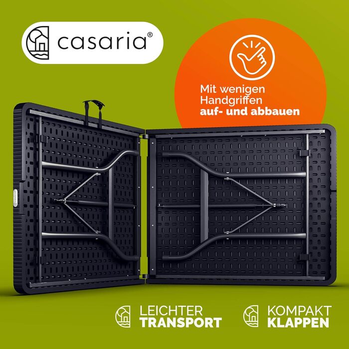Стол садовий розкладний Casaria® з поліротангу, 180x75 см, чорний. Чудовий для саду, балкону, кемпінгу. Стійкий до погодних умов, з ручкою для перенесення.