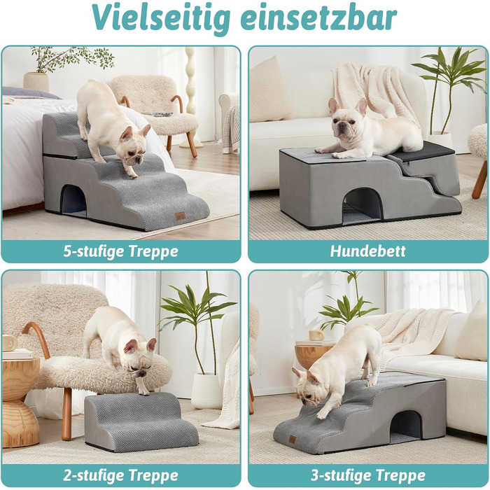 Dog stairs for small dogs, pet stairs for loft beds made of high-density sponge, dog stairs/ramp with washable cover (gray, 83x50x57cm-hole, 5.0)