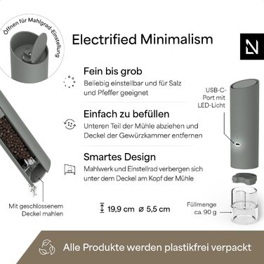 Електричні млини для солі та перцю LARS NYSØM Gravity Grinder - Набір з двох млинів, USB-C, регулювання помелу, для кухні (сірий)