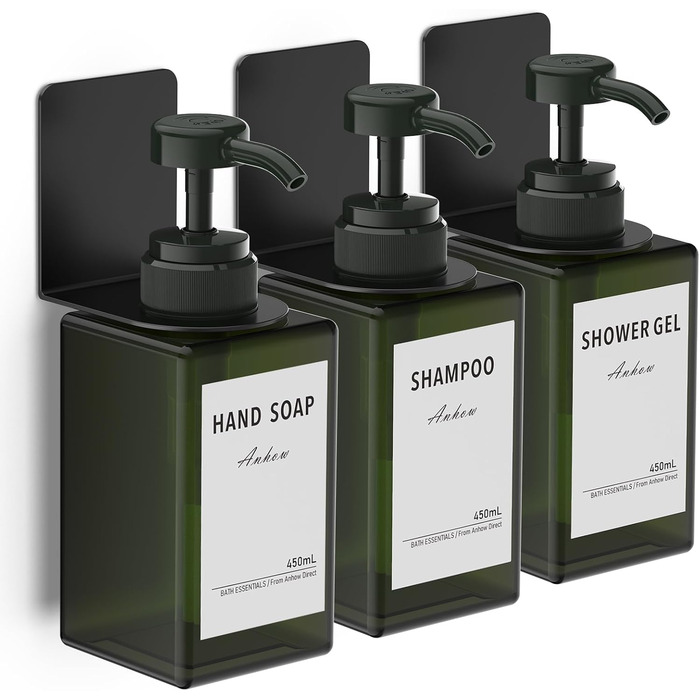 Дозатор для мила Anhow 3er PETG на стіну, набір з 3 шт. без свердління, зелений, 450 мл, з 16 водонепроникними етикетками для кухні/ванної кімнати